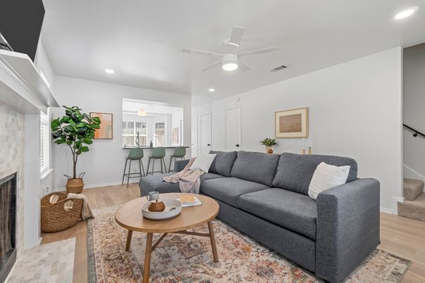 Fireplace, Interior, Living room, Recessed Lighting, Wood Texture Flooring