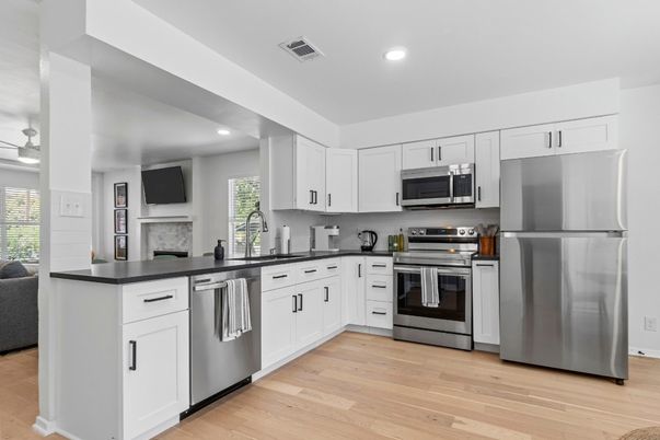 Interior, Kitchen, Recessed Lighting, Stainless Steel Appliances, Wood Texture Flooring