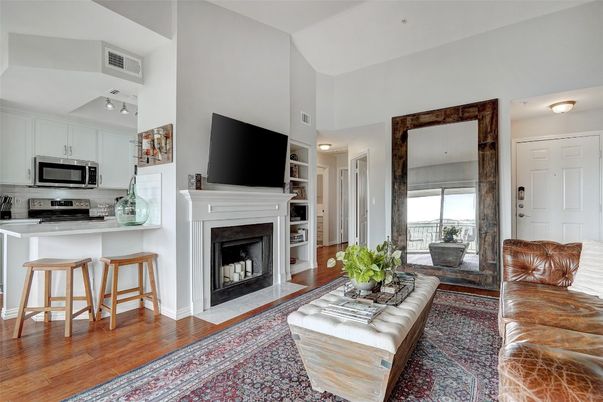 Fireplace, Interior, Kitchen, Living room, Stainless Steel Appliances, Wood Texture Flooring