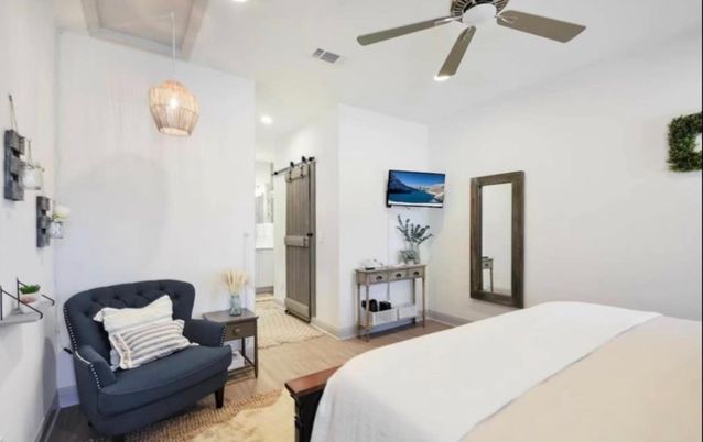 Bedroom, Interior, Pendant Lights, Recessed Lighting, Wood Texture Flooring