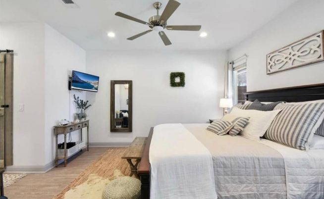 Bedroom, Interior, Recessed Lighting, Wood Texture Flooring