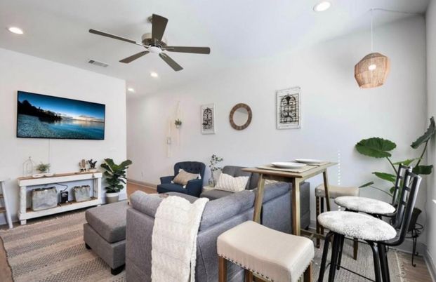 Home Office, Interior, Living room, Pendant Lights, Recessed Lighting, Wood Texture Flooring