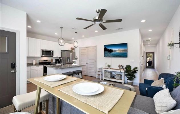 Interior, Kitchen, Living room, Pendant Lights, Recessed Lighting, Stainless Steel Appliances, Wood Texture Flooring