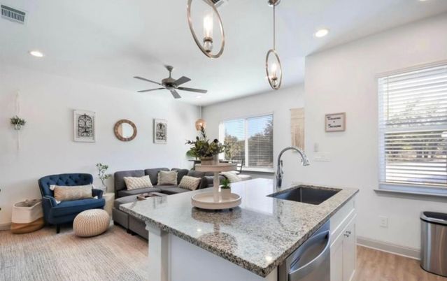 Interior, Kitchen, Living room, Pendant Lights, Recessed Lighting, Wood Texture Flooring