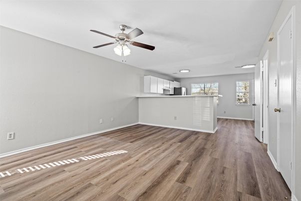 Empty room, Interior, Kitchen, Recessed Lighting, Wood Texture Flooring
