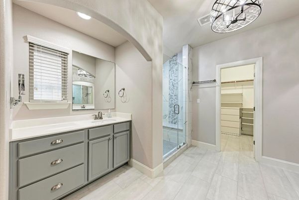 Bathroom, Dual Sink Vanities, Glass Shower, Interior, Recessed Lighting, Walk-in Closets