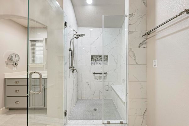 Bathroom, Glass Shower, Interior, Marble Walls, Recessed Lighting