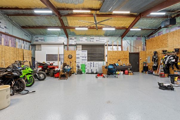 Garage, Interior, Stone Walls, Wooden Beams