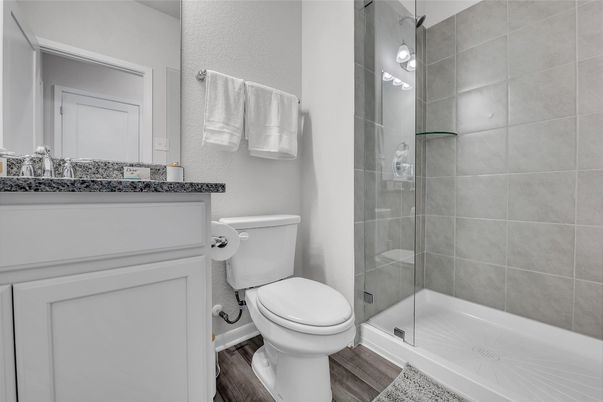 Bathroom, Glass Shower, Interior, Wood Texture Flooring