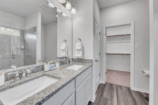 Bathroom, Dual Sink Vanities, Glass Shower, Interior, Walk-in Closets, Wood Texture Flooring