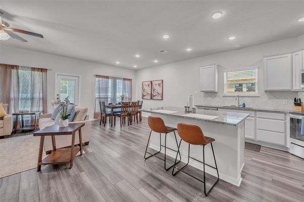 Dining room, Interior, Kitchen, Recessed Lighting, Wood Texture Flooring