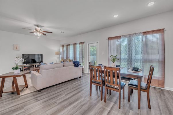 Dining room, Interior, Living room, Recessed Lighting, Wood Texture Flooring