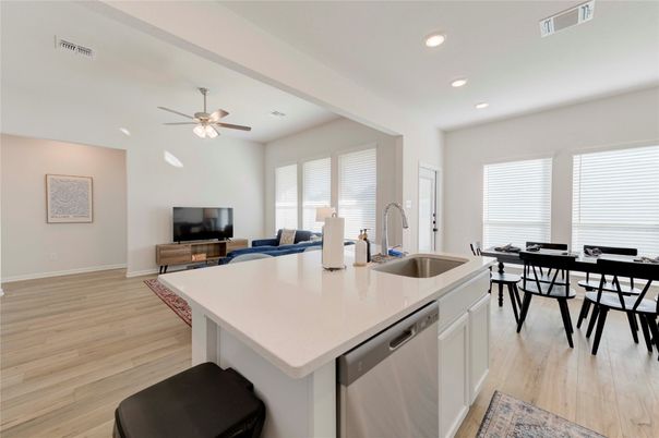 Dining room, Interior, Kitchen, Living room, Recessed Lighting, Wood Texture Flooring