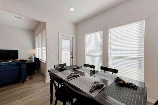 Dining room, Interior, Recessed Lighting, Wood Texture Flooring