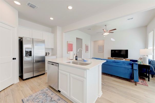 Interior, Kitchen, Living room, Recessed Lighting, Stainless Steel Appliances, Wood Texture Flooring
