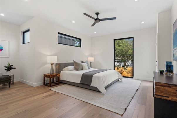Bedroom, Interior, Recessed Lighting, Wood Texture Flooring