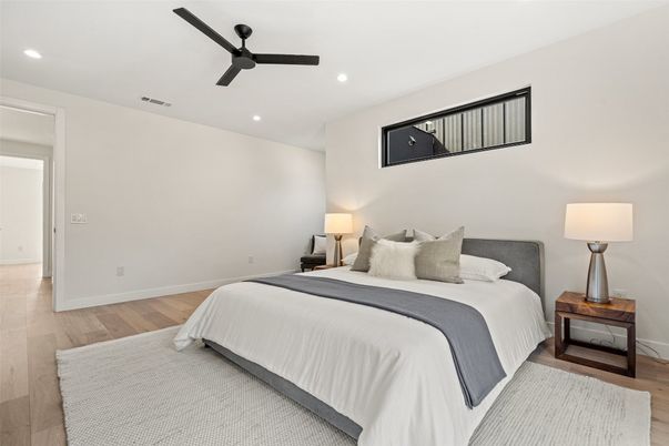 Bedroom, Interior, Recessed Lighting, Wood Texture Flooring