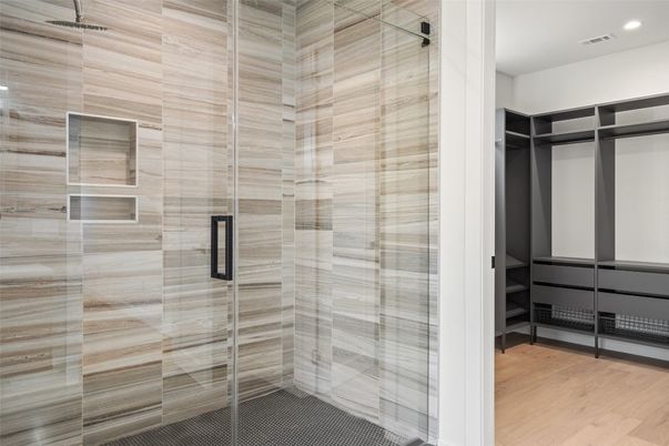 Bathroom, Glass Shower, Interior, Recessed Lighting, Walk-in Closets, Wood Texture Flooring