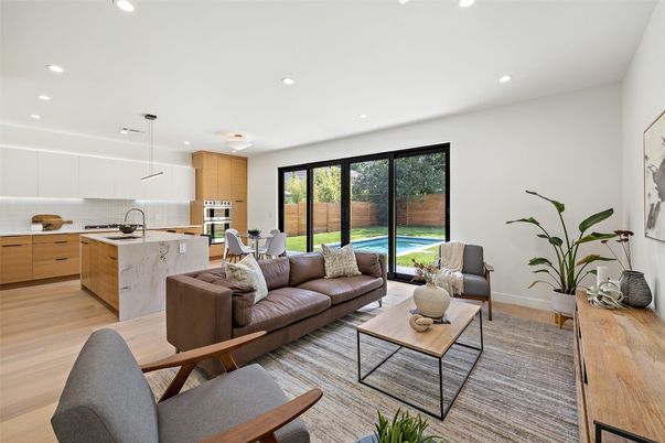 Interior, Kitchen, Living room, Recessed Lighting, Stainless Steel Appliances, Wood Texture Flooring