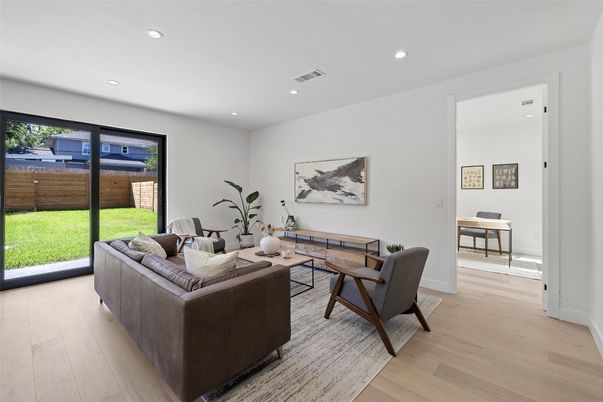 Interior, Living room, Recessed Lighting, Wood Texture Flooring