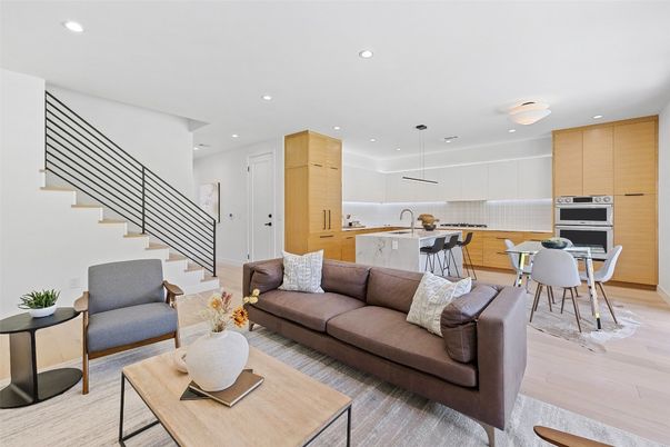 Dining room, Interior, Kitchen, Living room, Pendant Lights, Recessed Lighting, Stainless Steel Appliances, Wood Texture Flooring