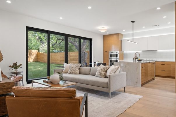 Interior, Kitchen, Living room, Pendant Lights, Recessed Lighting, Stainless Steel Appliances, Wood Texture Flooring