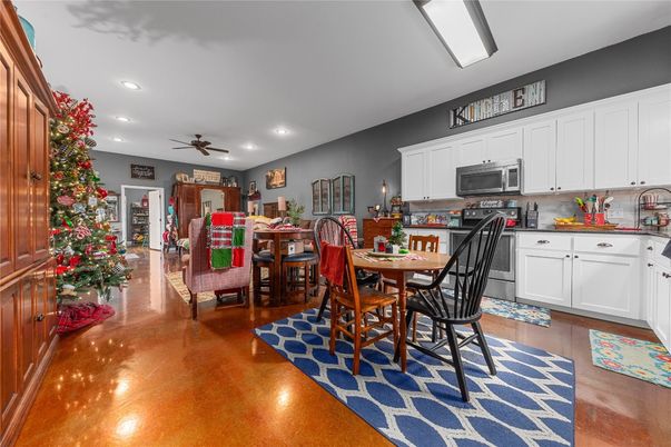 Dining room, Interior, Kitchen, Recessed Lighting, Wood Texture Flooring