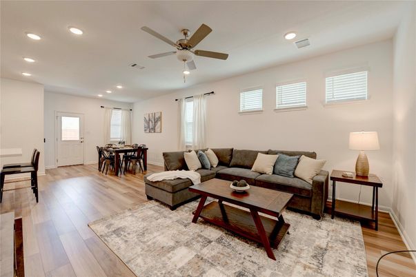 Dining room, Interior, Living room, Recessed Lighting, Wood Texture Flooring