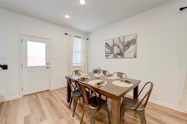 Dining room, Interior, Recessed Lighting, Wood Texture Flooring