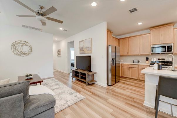 Interior, Kitchen, Recessed Lighting, Wood Texture Flooring