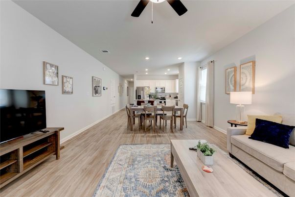 Dining room, Interior, Kitchen, Living room, Recessed Lighting, Stainless Steel Appliances, Wood Texture Flooring