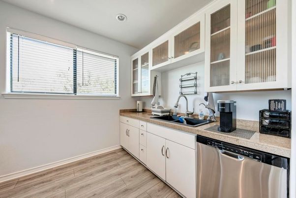 Interior, Kitchen, Recessed Lighting, Stainless Steel Appliances, Wood Texture Flooring