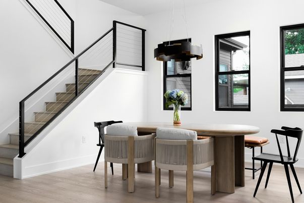 Dining room, Interior, Pendant Lights, Wood Texture Flooring