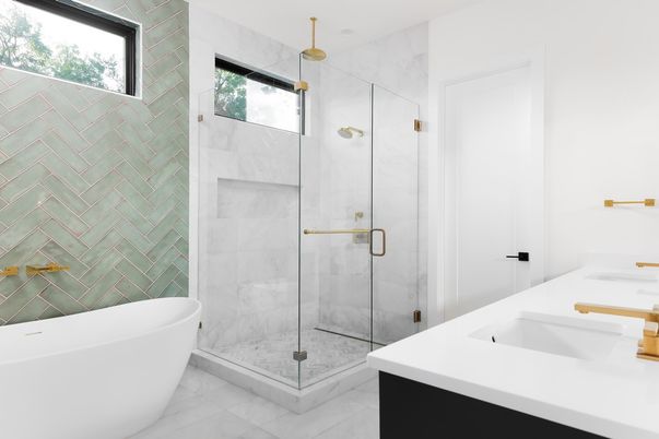 Bathroom, Free Standing Baths, Glass Shower, Interior, Marble, Marble Walls