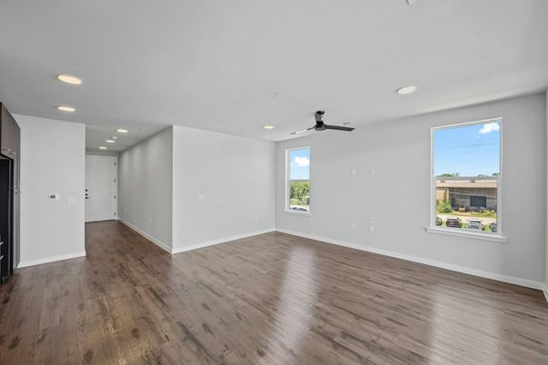 Empty room, Interior, Recessed Lighting, Wood Texture Flooring