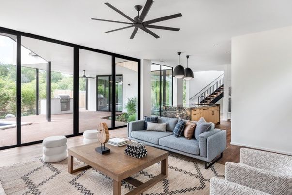 Interior, Living room, Pendant Lights, Recessed Lighting, Wood Texture Flooring