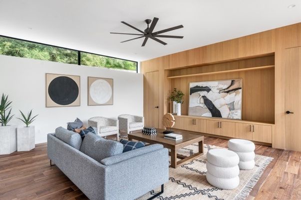 Interior, Living room, Recessed Lighting, Wood Texture Flooring, Wooden Walls