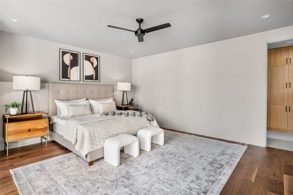 Bedroom, Interior, Recessed Lighting, Wood Texture Flooring