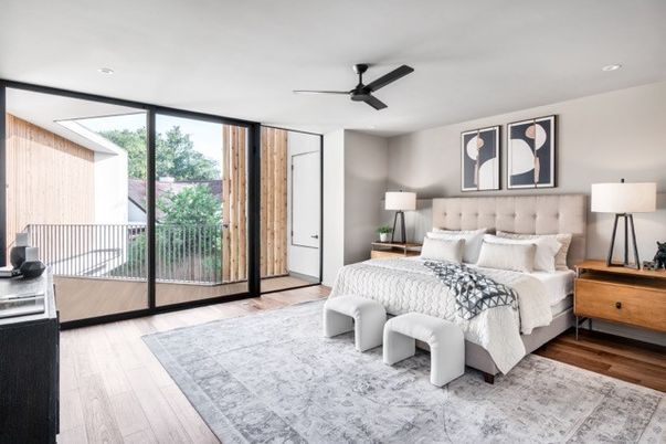 Bedroom, Interior, Recessed Lighting, Wood Texture Flooring