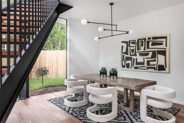 Dining room, Interior, Pendant Lights, Wood Texture Flooring