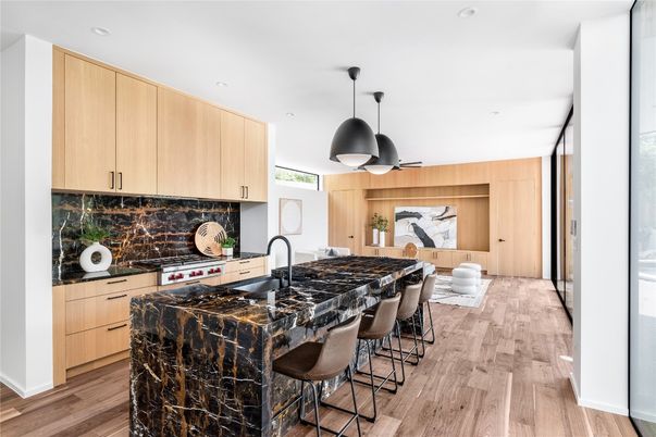 Interior, Kitchen, Pendant Lights, Recessed Lighting, Stainless Steel Appliances, Wood Texture Flooring