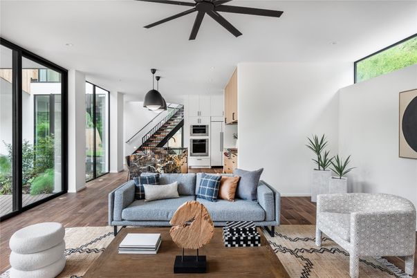 Interior, Kitchen, Living room, Pendant Lights, Recessed Lighting, Stainless Steel Appliances, Wood Texture Flooring