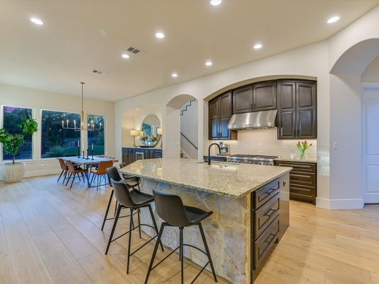 Dining room, Interior, Kitchen, Pendant Lights, Recessed Lighting, Stainless Steel Appliances, Wood Texture Flooring