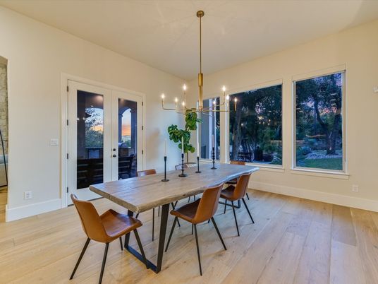 Dining room, Interior, Pendant Lights, Wood Texture Flooring