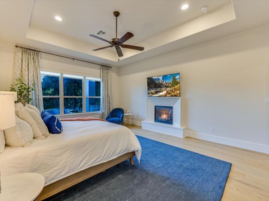 Bedroom, Fireplace, Interior, Recessed Lighting, Wood Texture Flooring