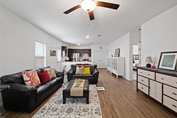 Interior, Kitchen, Living room, Recessed Lighting, Wood Texture Flooring