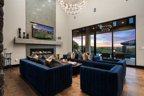 Fireplace, Interior, Living room, Pendant Lights, Wood Texture Flooring