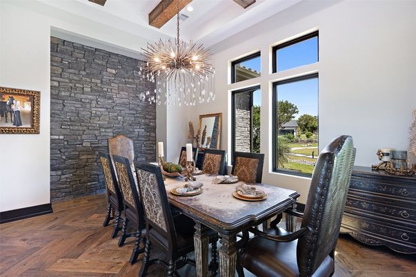 Chandelier, Dining room, Interior, Pendant Lights, Stone Walls, Wooden Beams, Wood Texture Flooring
