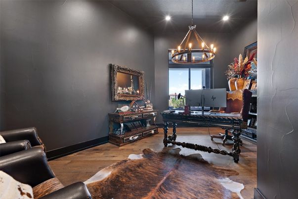Chandelier, Home Office, Interior, Recessed Lighting, Wood Texture Flooring