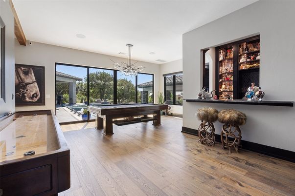 Billiard Table, Game Room, Interior, Pendant Lights, Wood Texture Flooring